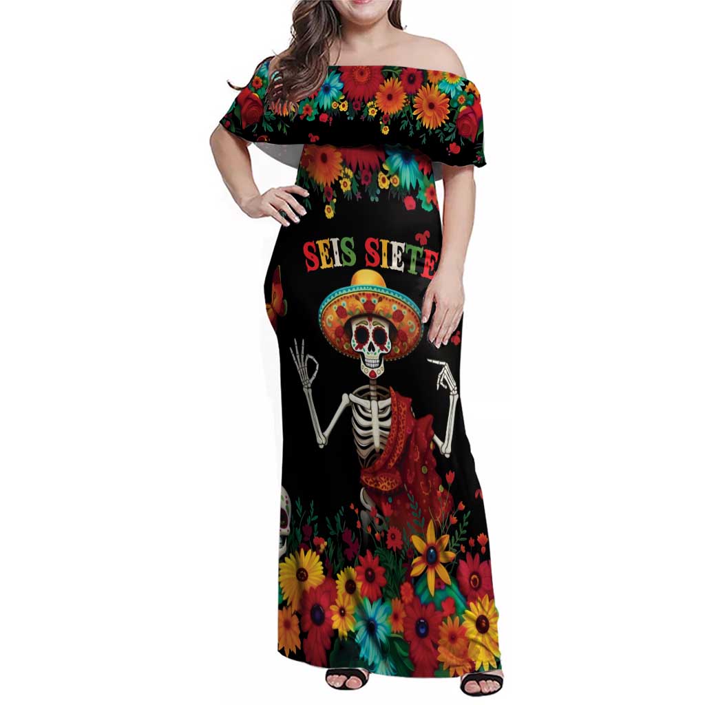Seis Siete Dia de los Muertos Family Matching Off Shoulder Maxi Dress and Hawaiian Shirt Mexican Funny 67 Calaca Skeleton Sombrero - Wonder Print Shop