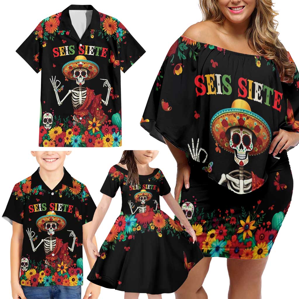 Seis Siete Dia de los Muertos Family Matching Off Shoulder Short Dress and Hawaiian Shirt Mexican Funny 67 Calaca Skeleton Sombrero - Wonder Print Shop