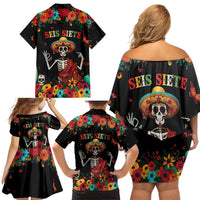 Seis Siete Dia de los Muertos Family Matching Off Shoulder Short Dress and Hawaiian Shirt Mexican Funny 67 Calaca Skeleton Sombrero - Wonder Print Shop