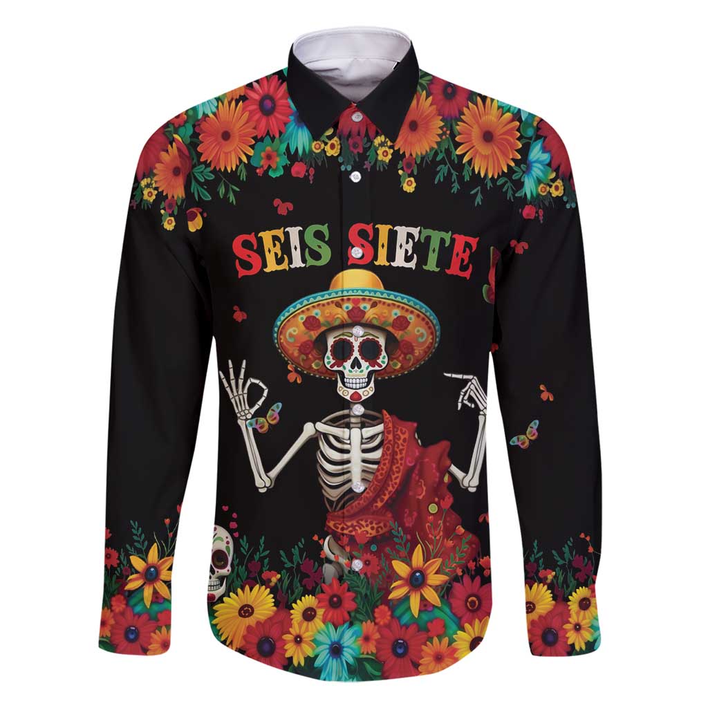 Seis Siete Dia de los Muertos Family Matching Off Shoulder Short Dress and Hawaiian Shirt Mexican Funny 67 Calaca Skeleton Sombrero - Wonder Print Shop