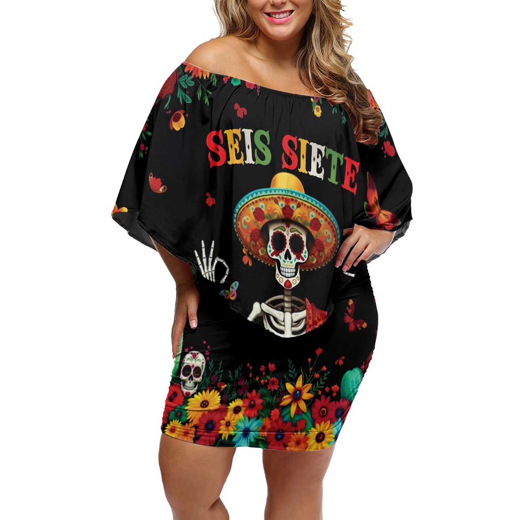 Seis Siete Dia de los Muertos Family Matching Off Shoulder Short Dress and Hawaiian Shirt Mexican Funny 67 Calaca Skeleton Sombrero - Wonder Print Shop