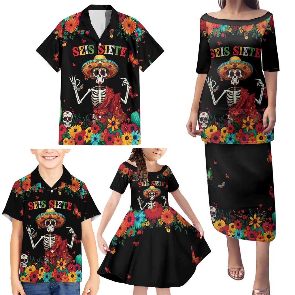 Seis Siete Dia de los Muertos Family Matching Puletasi and Hawaiian Shirt Mexican Funny 67 Calaca Skeleton Sombrero - Wonder Print Shop