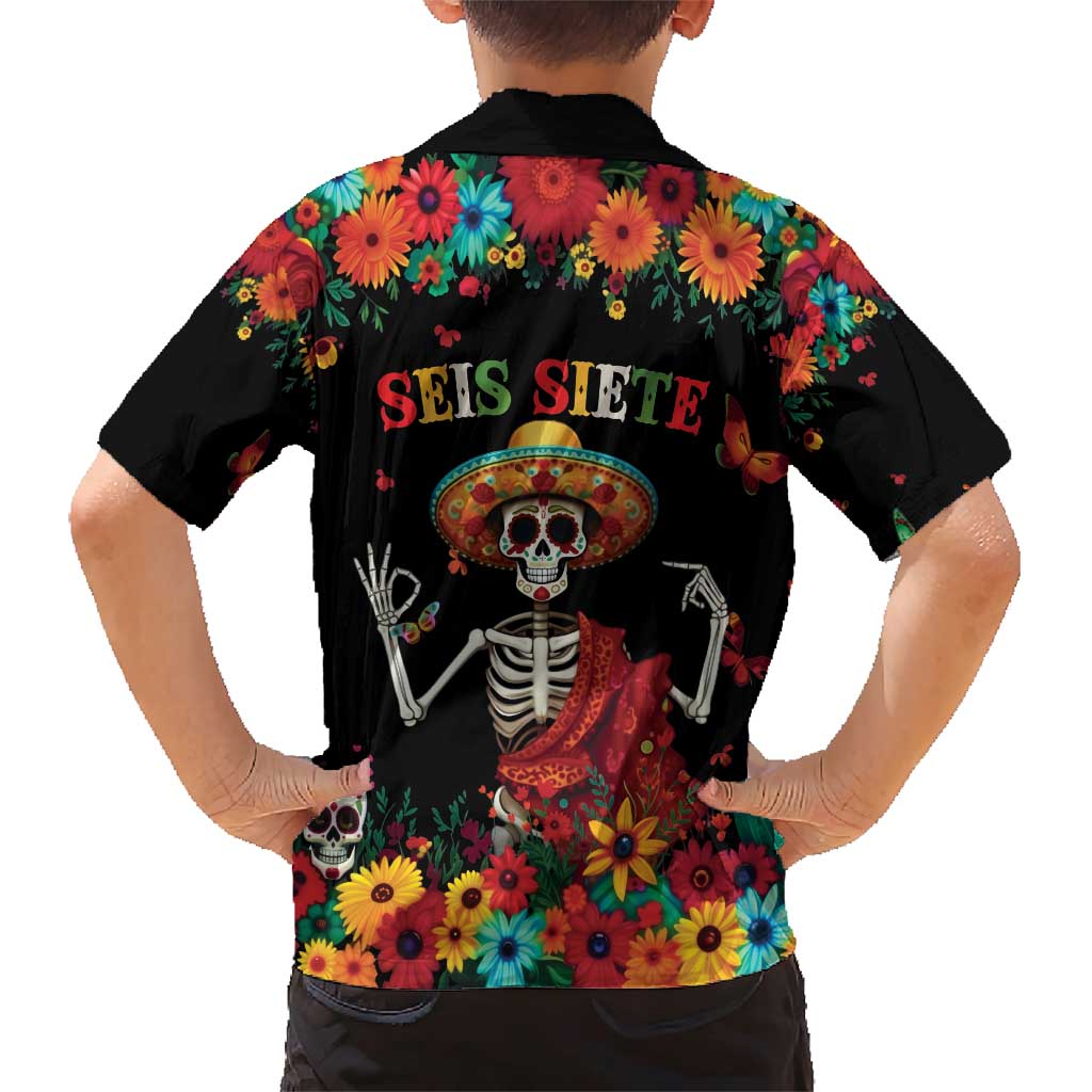 Seis Siete Dia de los Muertos Family Matching Short Sleeve Bodycon Dress and Hawaiian Shirt Mexican Funny 67 Calaca Skeleton Sombrero - Wonder Print Shop