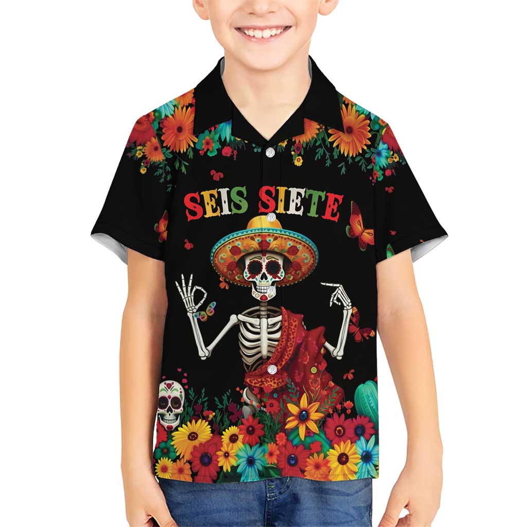 Seis Siete Dia de los Muertos Family Matching Short Sleeve Bodycon Dress and Hawaiian Shirt Mexican Funny 67 Calaca Skeleton Sombrero - Wonder Print Shop