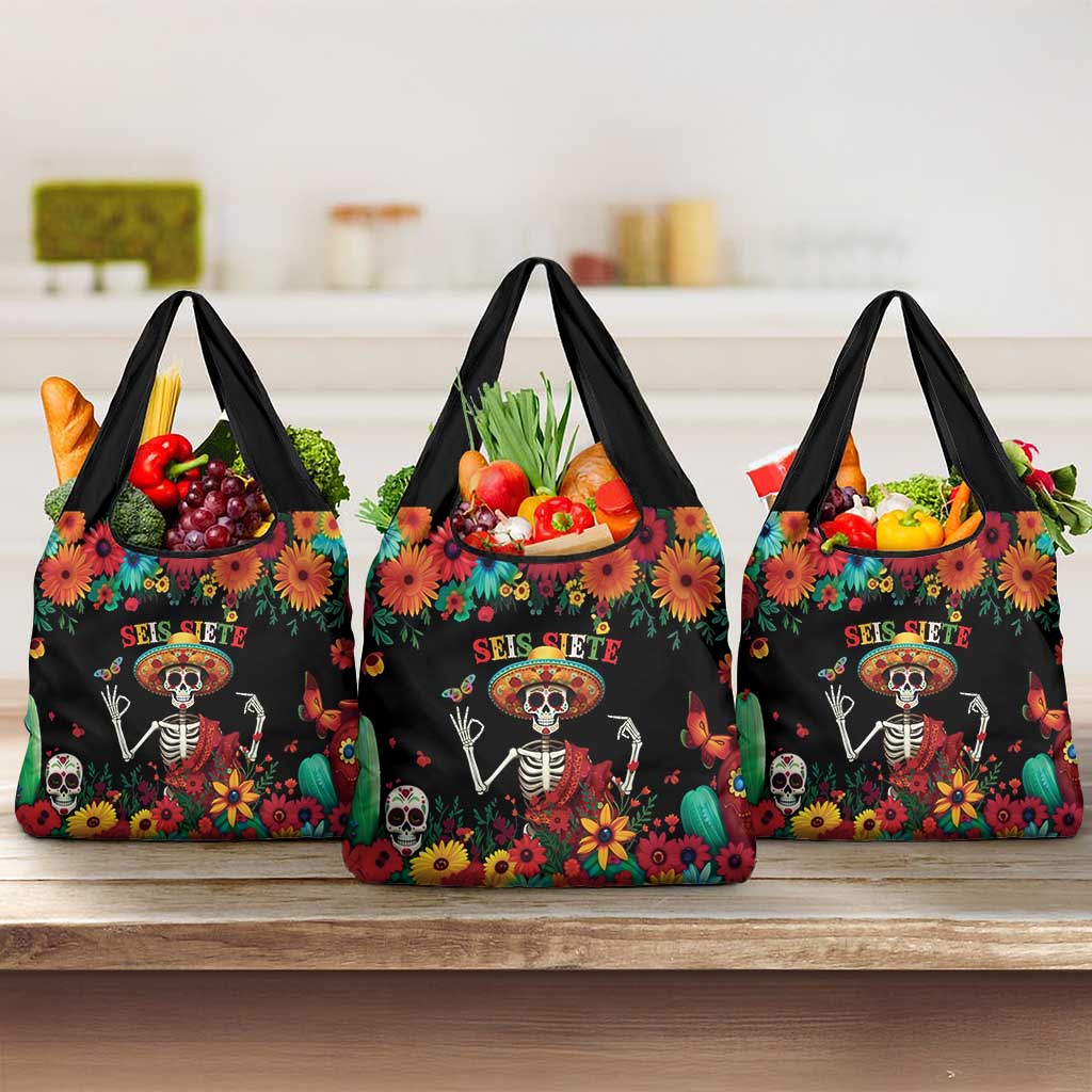 Seis Siete Dia de los Muertos Grocery Bag Mexican Funny 67 Calaca Skeleton Sombrero - Wonder Print Shop