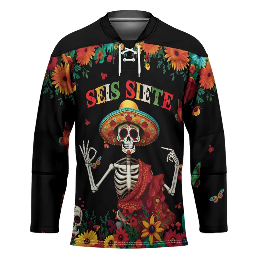 Seis Siete Dia de los Muertos Hockey Jersey Mexican Funny 67 Calaca Skeleton Sombrero - Wonder Print Shop