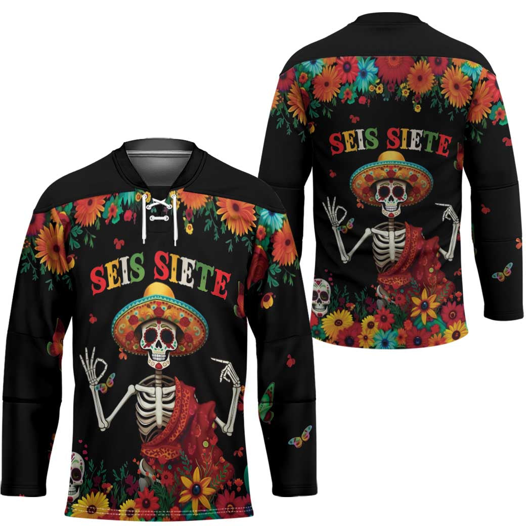 Seis Siete Dia de los Muertos Hockey Jersey Mexican Funny 67 Calaca Skeleton Sombrero - Wonder Print Shop