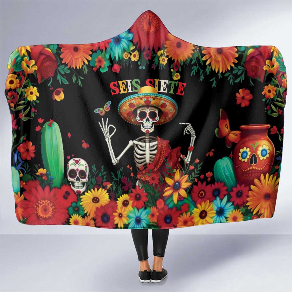 Seis Siete Dia de los Muertos Hooded Blanket Mexican Funny 67 Calaca Skeleton Sombrero - Wonder Print Shop