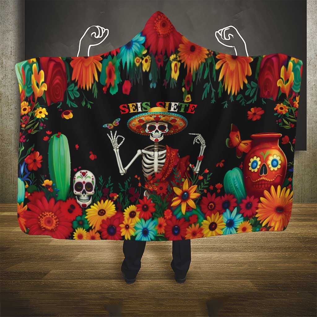 Seis Siete Dia de los Muertos Hooded Blanket Mexican Funny 67 Calaca Skeleton Sombrero - Wonder Print Shop