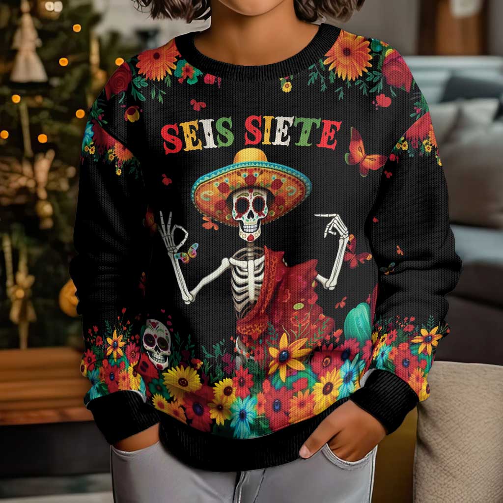 Seis Siete Dia de los Muertos Kid Ugly Christmas Sweater Mexican Funny 67 Calaca Skeleton Sombrero - Wonder Print Shop