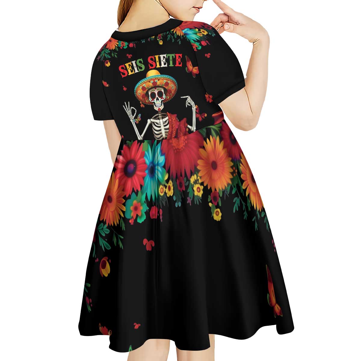 Seis Siete Dia de los Muertos Kid Short Sleeve Dress Mexican Funny 67 Calaca Skeleton Sombrero - Wonder Print Shop
