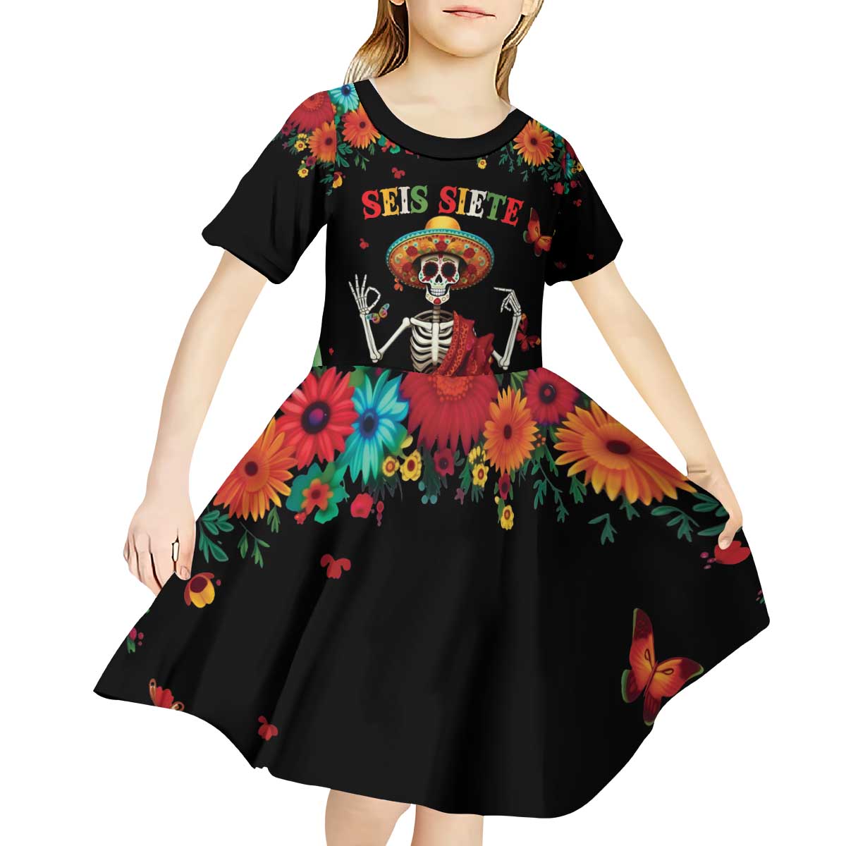 Seis Siete Dia de los Muertos Kid Short Sleeve Dress Mexican Funny 67 Calaca Skeleton Sombrero - Wonder Print Shop