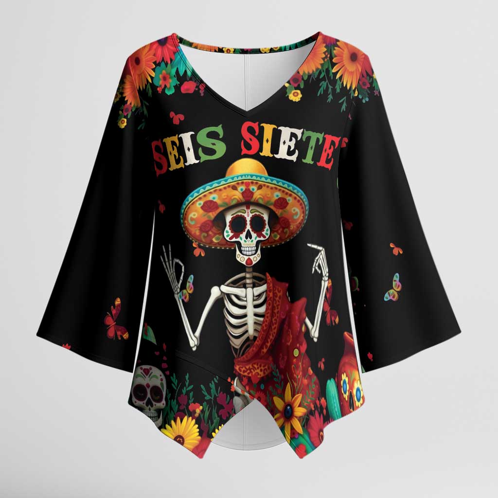 Seis Siete Dia de los Muertos Kimono Sleeve Blouse Mexican Funny 67 Calaca Skeleton Sombrero - Wonder Print Shop