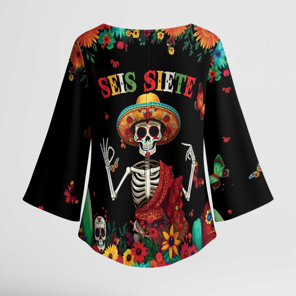 Seis Siete Dia de los Muertos Kimono Sleeve Blouse Mexican Funny 67 Calaca Skeleton Sombrero - Wonder Print Shop