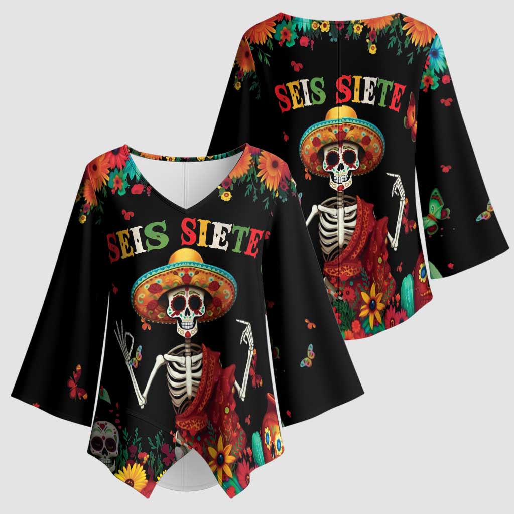 Seis Siete Dia de los Muertos Kimono Sleeve Blouse Mexican Funny 67 Calaca Skeleton Sombrero - Wonder Print Shop