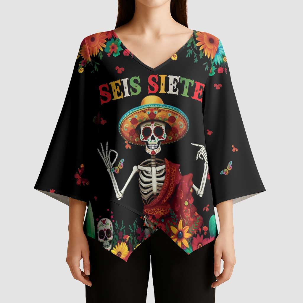 Seis Siete Dia de los Muertos Kimono Sleeve Blouse Mexican Funny 67 Calaca Skeleton Sombrero - Wonder Print Shop