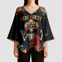 Seis Siete Dia de los Muertos Kimono Sleeve Blouse Mexican Funny 67 Calaca Skeleton Sombrero - Wonder Print Shop