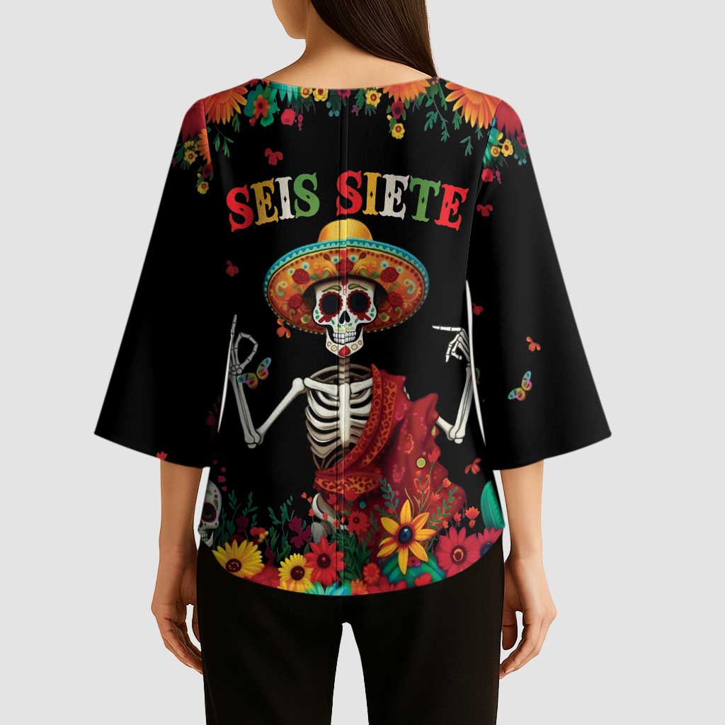 Seis Siete Dia de los Muertos Kimono Sleeve Blouse Mexican Funny 67 Calaca Skeleton Sombrero - Wonder Print Shop