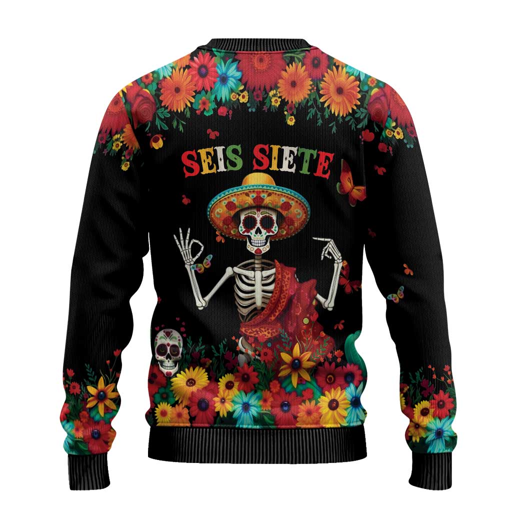 Seis Siete Dia de los Muertos Ugly Christmas Sweater Mexican Funny 67 Calaca Skeleton Sombrero - Wonder Print Shop