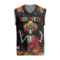 Seis Siete Dia de los Muertos Christmas Knitted V-Neck Vest Mexican Funny 67 Calaca Skeleton Sombrero - Wonder Print Shop