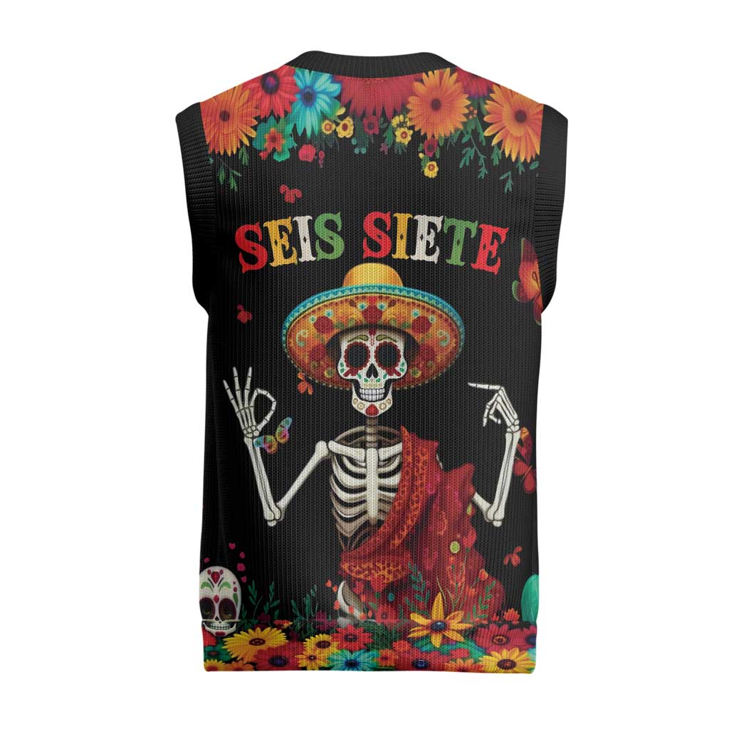Seis Siete Dia de los Muertos Christmas Knitted V-Neck Vest Mexican Funny 67 Calaca Skeleton Sombrero - Wonder Print Shop