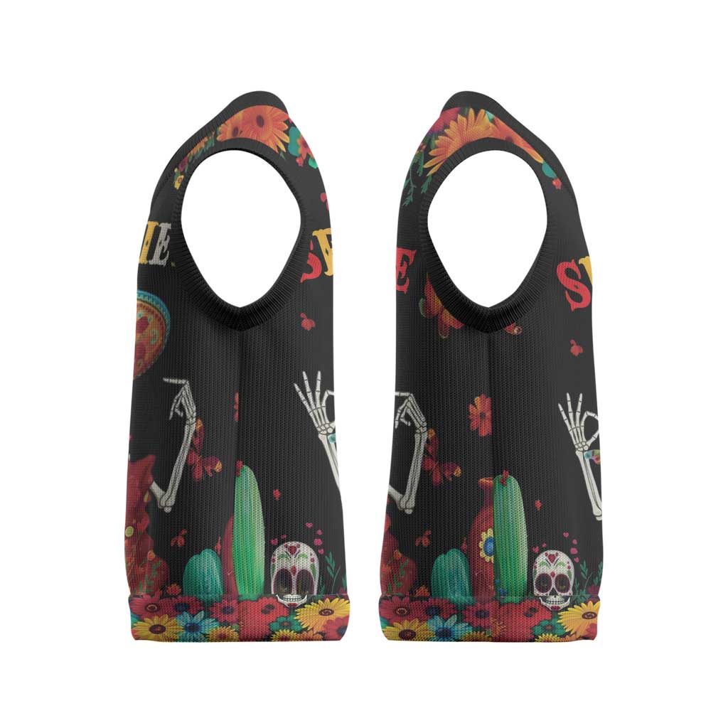 Seis Siete Dia de los Muertos Christmas Knitted V-Neck Vest Mexican Funny 67 Calaca Skeleton Sombrero - Wonder Print Shop