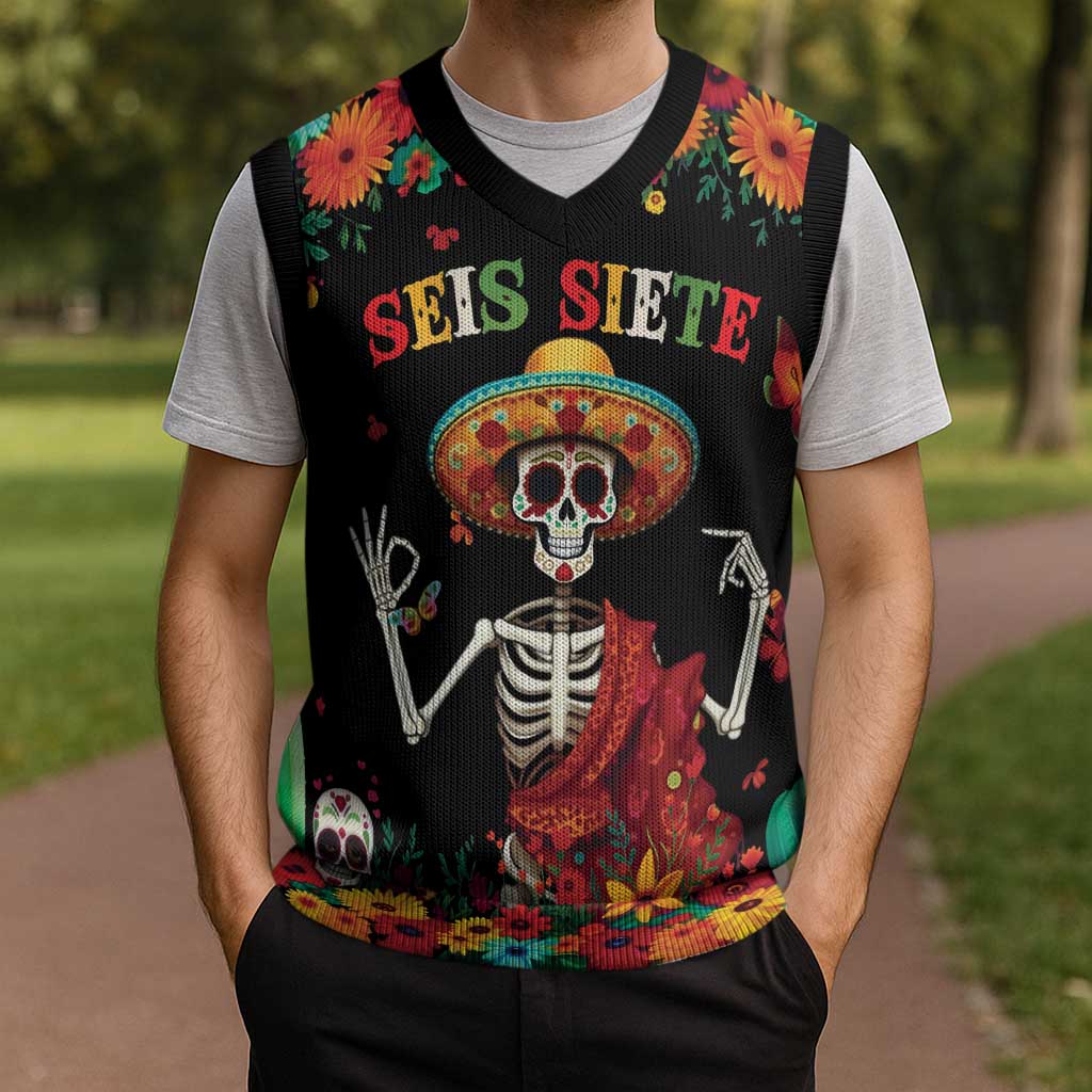 Seis Siete Dia de los Muertos Christmas Knitted V-Neck Vest Mexican Funny 67 Calaca Skeleton Sombrero - Wonder Print Shop