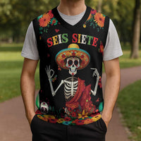 Seis Siete Dia de los Muertos Christmas Knitted V-Neck Vest Mexican Funny 67 Calaca Skeleton Sombrero - Wonder Print Shop