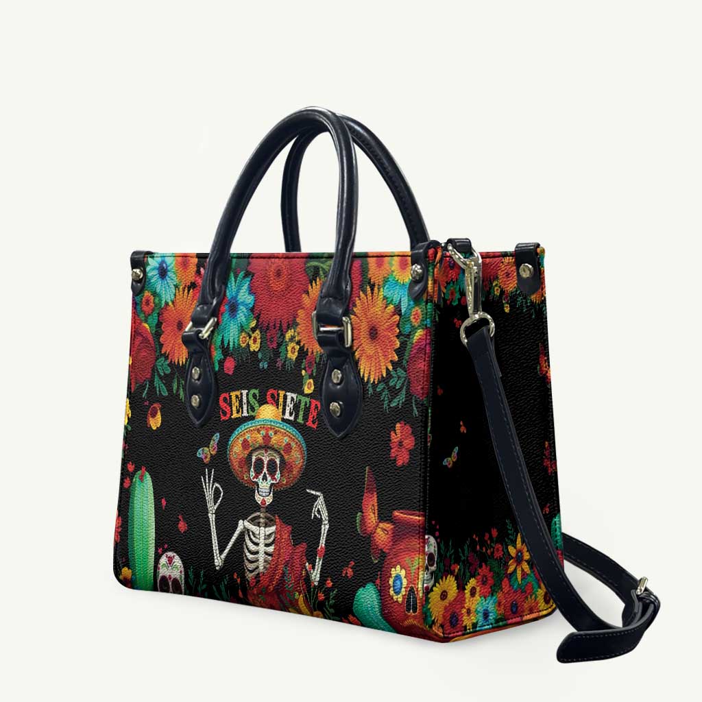 Seis Siete Dia de los Muertos Leather Bag Mexican Funny 67 Calaca Skeleton Sombrero - Wonder Print Shop