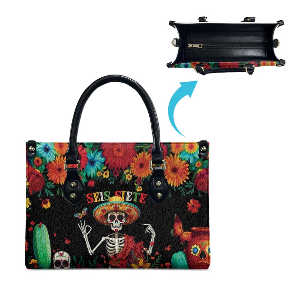 Seis Siete Dia de los Muertos Leather Bag Mexican Funny 67 Calaca Skeleton Sombrero - Wonder Print Shop