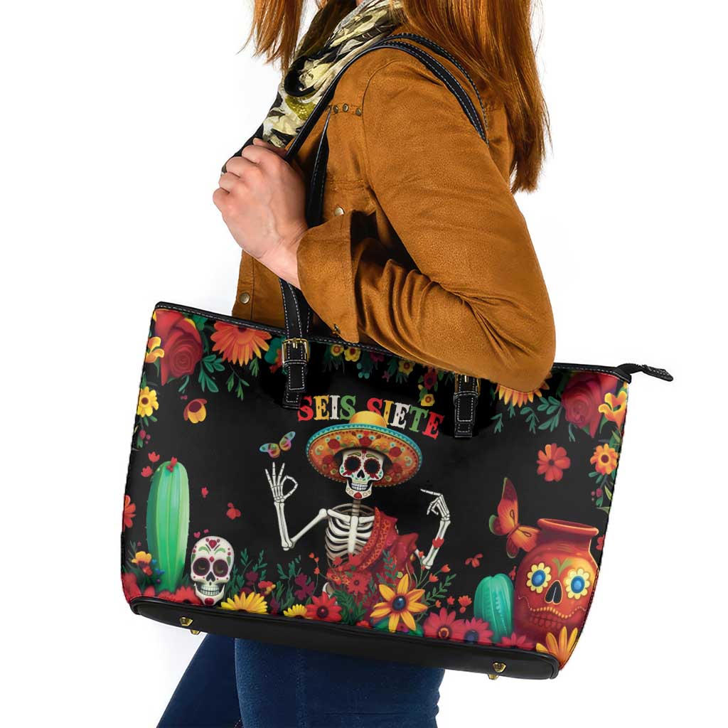 Seis Siete Dia de los Muertos Leather Tote Bag Mexican Funny 67 Calaca Skeleton Sombrero - Wonder Print Shop