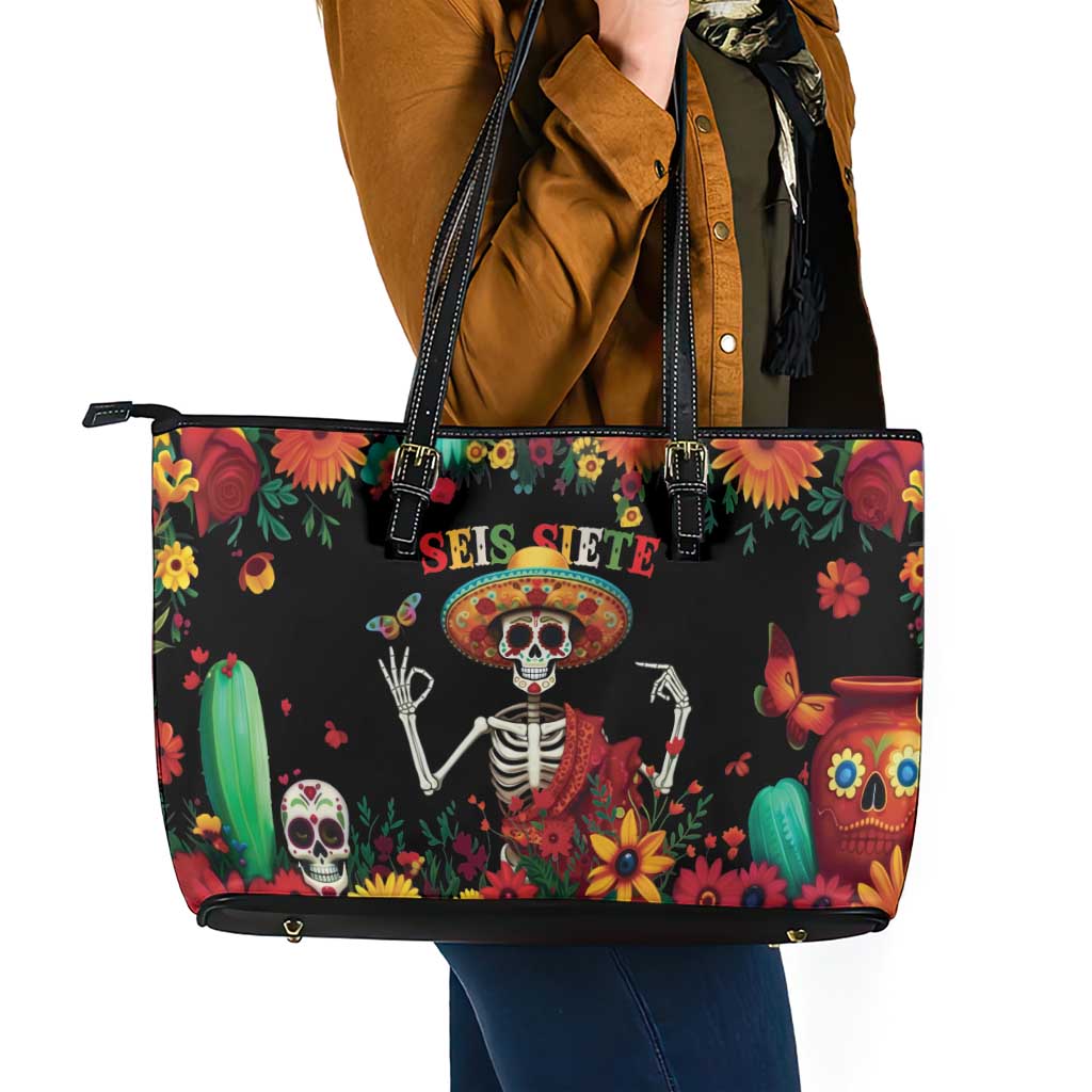 Seis Siete Dia de los Muertos Leather Tote Bag Mexican Funny 67 Calaca Skeleton Sombrero - Wonder Print Shop