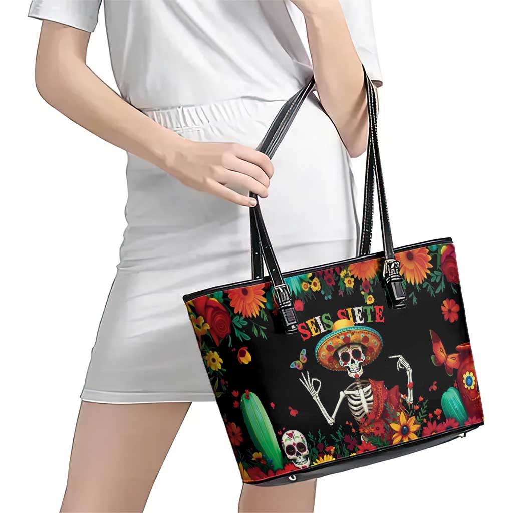 Seis Siete Dia de los Muertos Leather Tote Bag Mexican Funny 67 Calaca Skeleton Sombrero - Wonder Print Shop