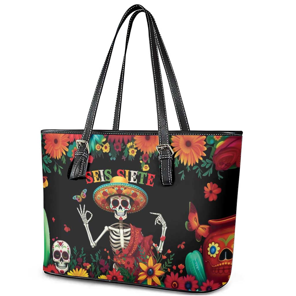 Seis Siete Dia de los Muertos Leather Tote Bag Mexican Funny 67 Calaca Skeleton Sombrero - Wonder Print Shop