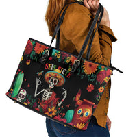 Seis Siete Dia de los Muertos Leather Tote Bag Mexican Funny 67 Calaca Skeleton Sombrero - Wonder Print Shop