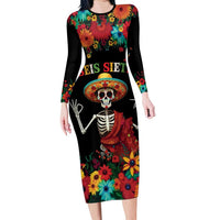 Seis Siete Dia de los Muertos Long Sleeve Bodycon Dress Mexican Funny 67 Calaca Skeleton Sombrero - Wonder Print Shop