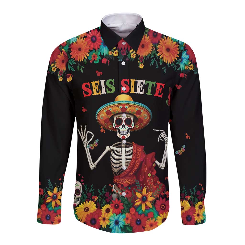 Seis Siete Dia de los Muertos Long Sleeve Button Shirt Mexican Funny 67 Calaca Skeleton Sombrero - Wonder Print Shop