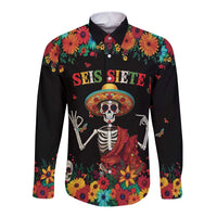 Seis Siete Dia de los Muertos Long Sleeve Button Shirt Mexican Funny 67 Calaca Skeleton Sombrero - Wonder Print Shop