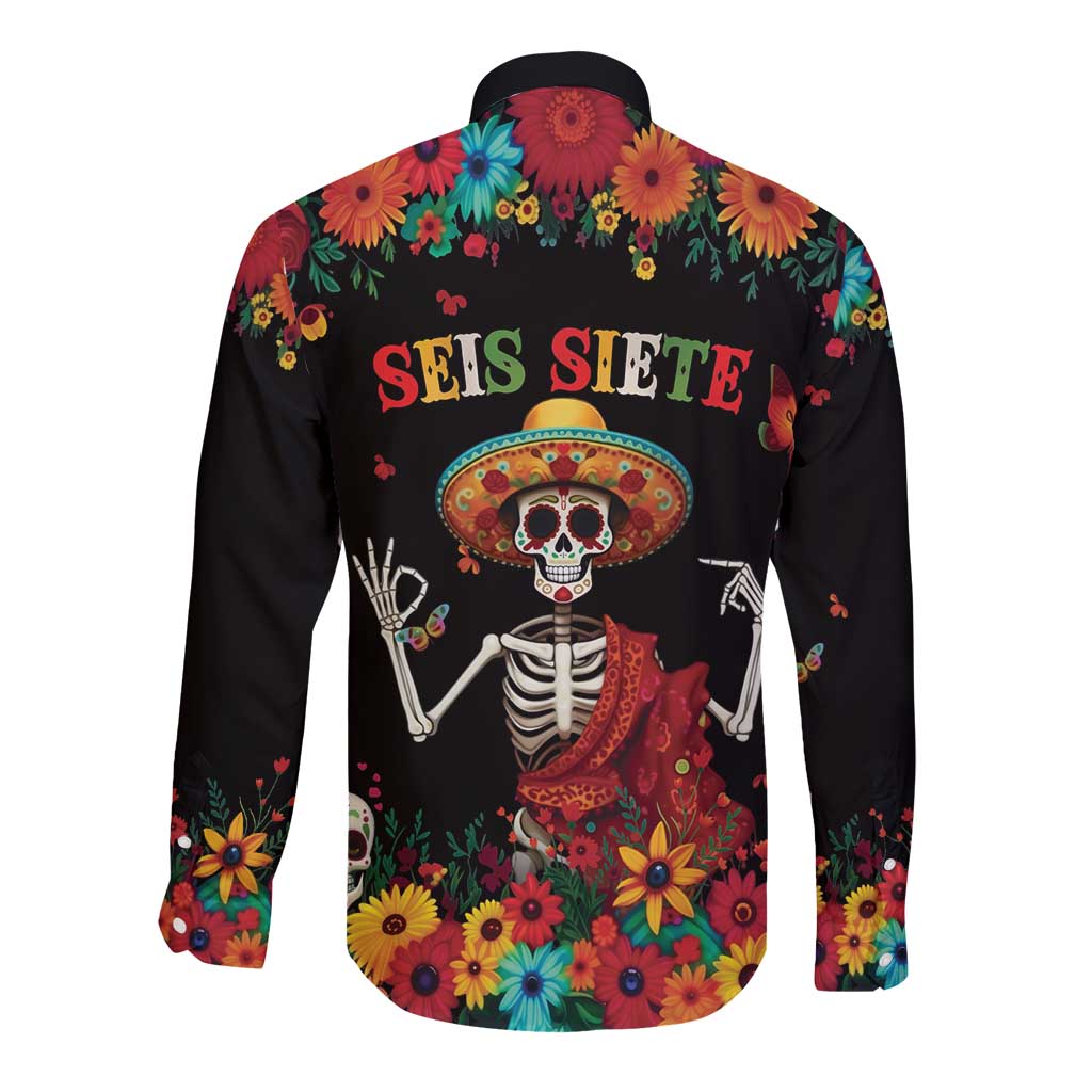 Seis Siete Dia de los Muertos Long Sleeve Button Shirt Mexican Funny 67 Calaca Skeleton Sombrero - Wonder Print Shop