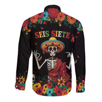 Seis Siete Dia de los Muertos Long Sleeve Button Shirt Mexican Funny 67 Calaca Skeleton Sombrero - Wonder Print Shop