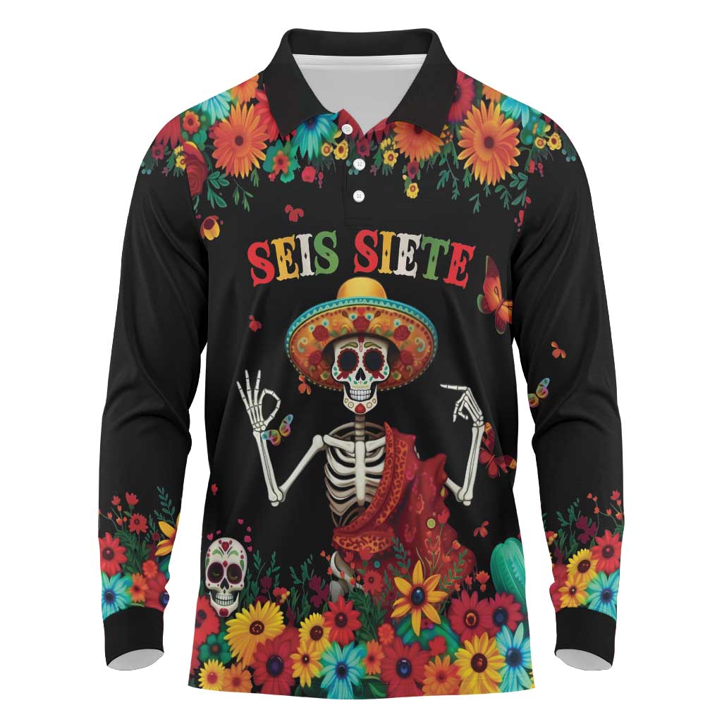 Seis Siete Dia de los Muertos Long Sleeve Polo Shirt Mexican Funny 67 Calaca Skeleton Sombrero - Wonder Print Shop
