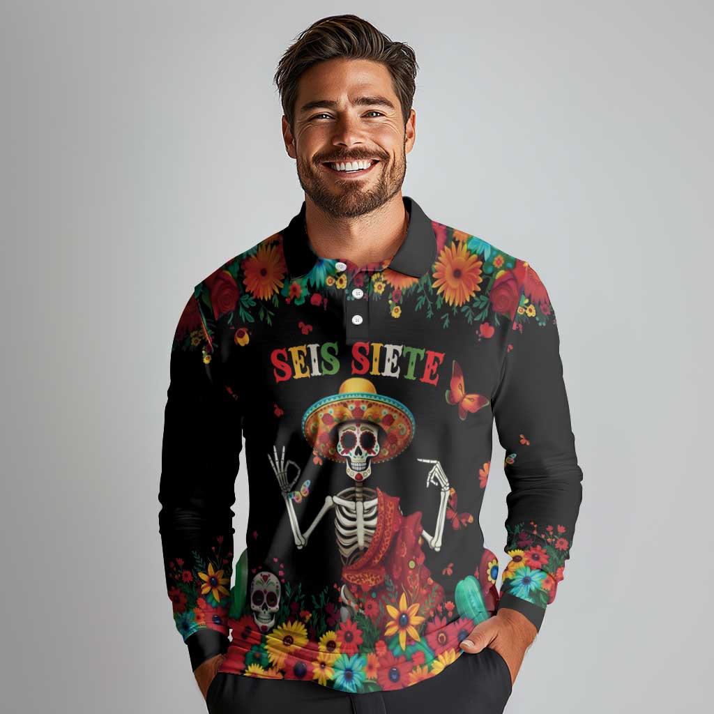 Seis Siete Dia de los Muertos Long Sleeve Polo Shirt Mexican Funny 67 Calaca Skeleton Sombrero - Wonder Print Shop