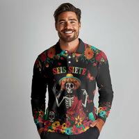 Seis Siete Dia de los Muertos Long Sleeve Polo Shirt Mexican Funny 67 Calaca Skeleton Sombrero - Wonder Print Shop