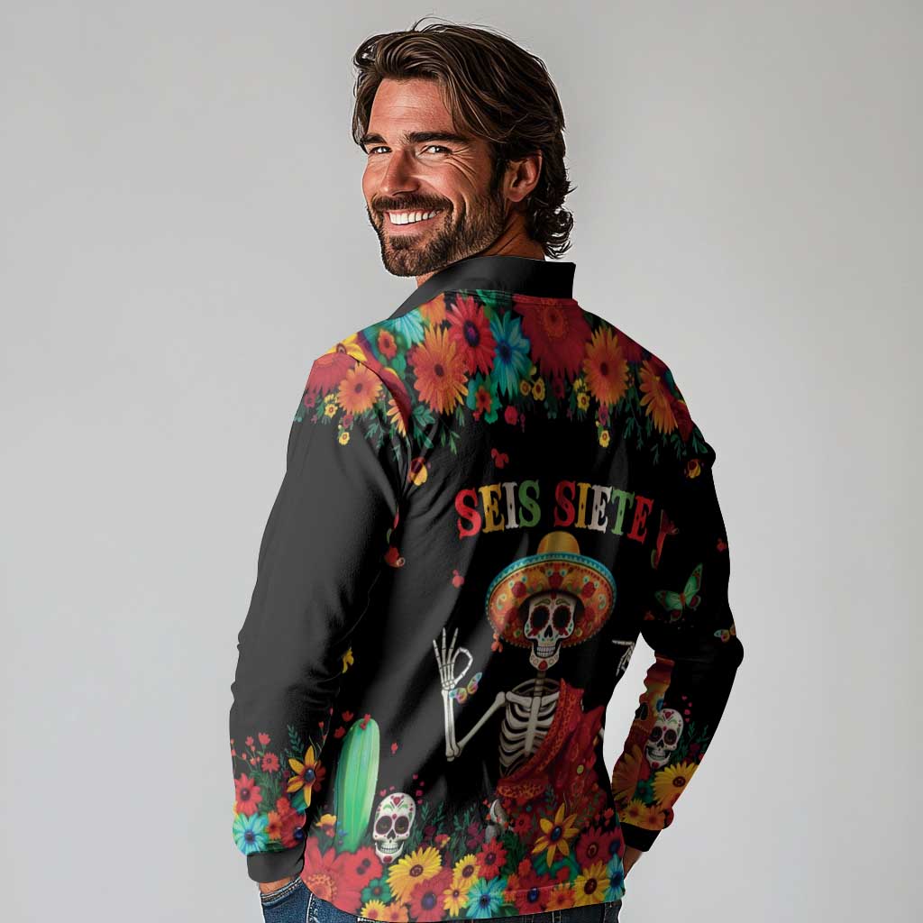 Seis Siete Dia de los Muertos Long Sleeve Polo Shirt Mexican Funny 67 Calaca Skeleton Sombrero - Wonder Print Shop