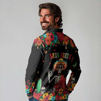 Seis Siete Dia de los Muertos Long Sleeve Polo Shirt Mexican Funny 67 Calaca Skeleton Sombrero - Wonder Print Shop