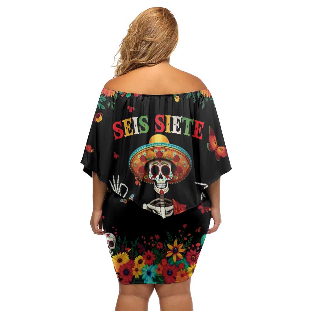 Seis Siete Dia de los Muertos Off Shoulder Short Dress Mexican Funny 67 Calaca Skeleton Sombrero - Wonder Print Shop