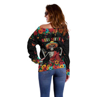Seis Siete Dia de los Muertos Off Shoulder Sweater Mexican Funny 67 Calaca Skeleton Sombrero - Wonder Print Shop