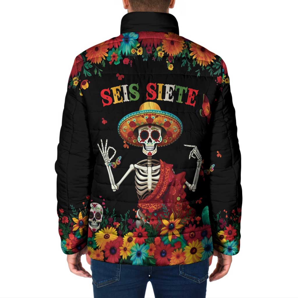 Seis Siete Dia de los Muertos Padded Jacket Mexican Funny 67 Calaca Skeleton Sombrero - Wonder Print Shop