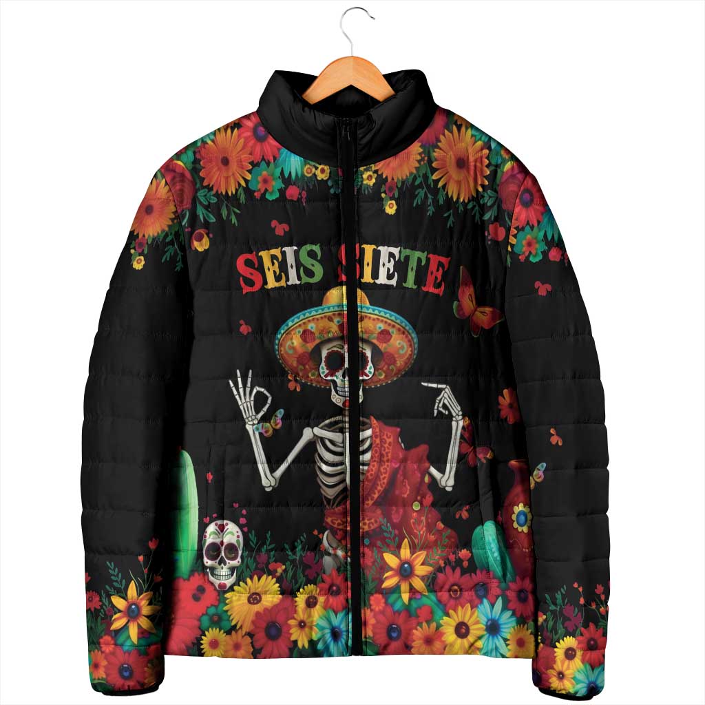 Seis Siete Dia de los Muertos Padded Jacket Mexican Funny 67 Calaca Skeleton Sombrero - Wonder Print Shop
