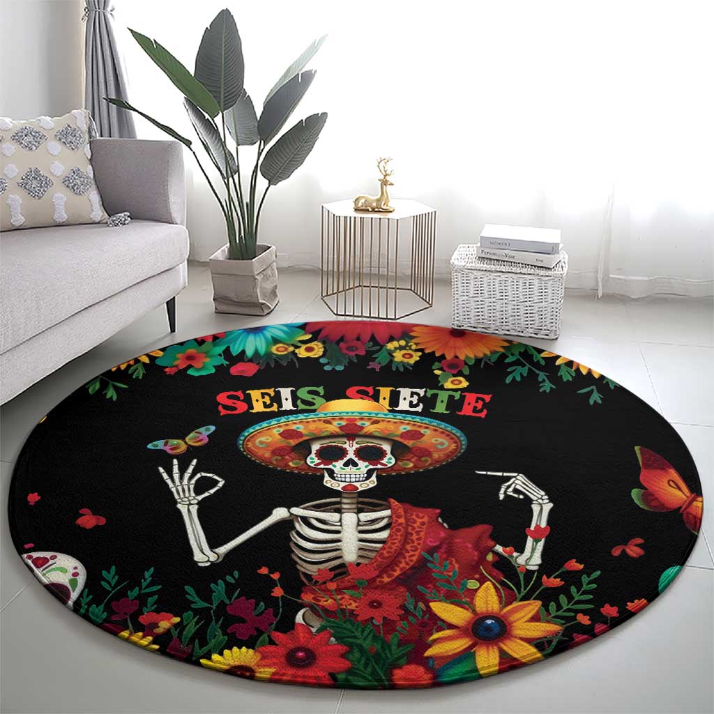 Seis Siete Dia de los Muertos Round Carpet Mexican Funny 67 Calaca Skeleton Sombrero - Wonder Print Shop